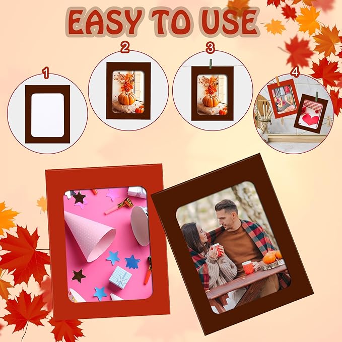 Janlaugh 100 Pcs Fall Paper Photo Frames 4x6 Fall Paper Frame with 100 Clip 10 String Kit DIY Hanging Cardboard Photo Holder Thanksgiving Wall Decor Wedding Home