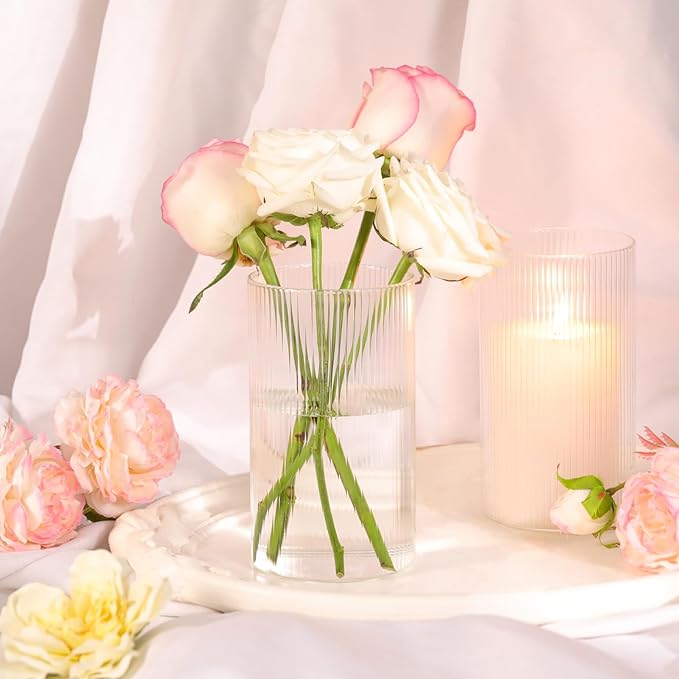 Glass Ribbed Cylinder Vases Pack of 6, Clear Ribbed Vases for Centerpieces Wedding Decoration, 6 Inch Tall Clear Flower Vase in Bulk, Hurricane Floating Candle Vase for Party Home Decor