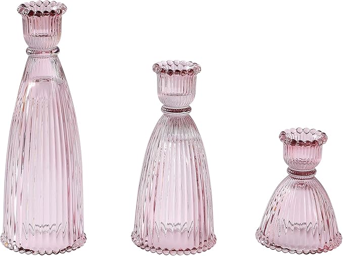 Vertical Stripe Candlestick Holders Set of 3, Premium Glass Candle Holders for Candlesticks and Taper Candles, Vintage Candle Holder Decor for Table Centerpiece, Pink