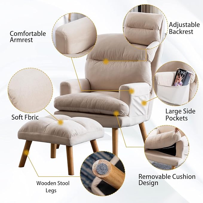 CANMOV Modern Accent Chair with Ottoman Set of 2, Soft Fabric Armchair with Adjustable Backrest and Side Pockets, Comfy Lounge Chair for Living Room, Bedroom, Apartment, Office, Beige