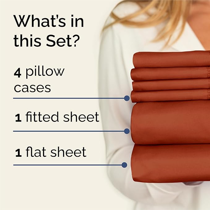 King Sheets Set 6 Piece - Includes 4 Pillowcases - Bed Sheets King Size - Soft Hotel Luxury Bedding - Cooling, Comfy, Cozy & Breathable - 1 Flat & 1 Fitted & 4 Pillowcases w/ Deep Pockets - Terracotta