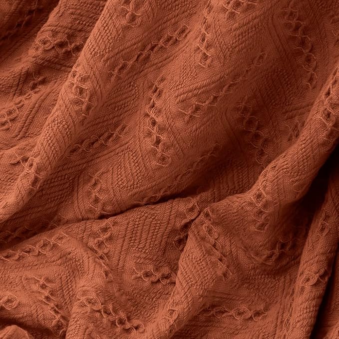 Simple&Opulence 100% Cotton Throw Blanket for Bed, Couch, Boho Luxury Geometric Woven Blanket with Tassels Soft Lightweight Cozy Breathable, Vintage Farmhouse Decoration for All-Season(Rust Orange)