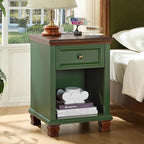 Farmhouse Side Table Set of 2 with Charging Station, Rustic Wood End Table with Drawer, Small Nightstands with Open Shelf for Bedroom, End Tables for Living Room, Green