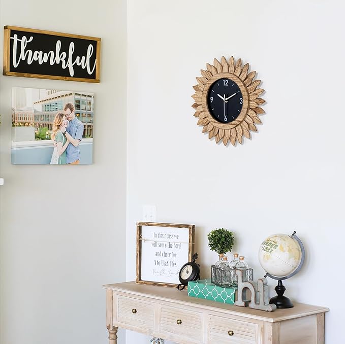 Honiway Wall Clock Battery Operated 12 in Rustic Wood Boho Sunburst Decorative Wall Clock Silent Non Ticking Farmhouse Small Wall Clocks for Living Room Kitchen Bathroom Bedroom Decor (Rustic Brown)