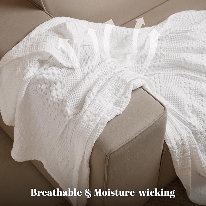 PHF 100% Cotton Waffle Weave Throw Blanket, Soft Lightweight Breathable Cozy Summer Throws for Couch Bed Sofa, Luxury Aesthetic Woven Blanket for Home Decor & Office, 50"x60", White