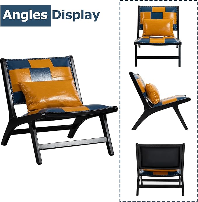 Accent Chair, Modern Comfy Genuine Leather Armless Mid-Century Anthropologie Accent Chairs, Lounge Arm Chair with Solid Wood, Floral Pattern Sofa Chair for Living Room/Office/Balcony/Bedroom