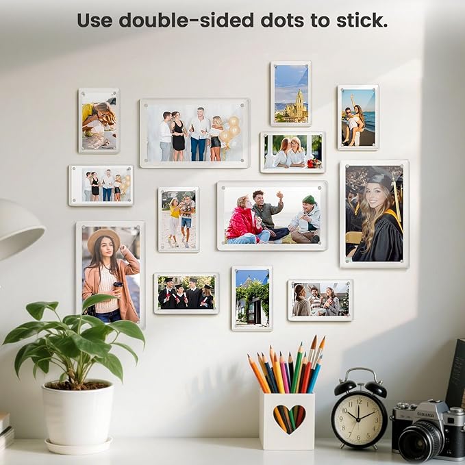 DomeStar Magnetic Acrylic Picture Frame 2.4 x 3.5 Inch, 8 Pack Double-Sided Holder for Refrigerator, Locker, or Metal Cabinet, Fits Instant Photo, Mini Film, Retro Camera, Notes & Pictures