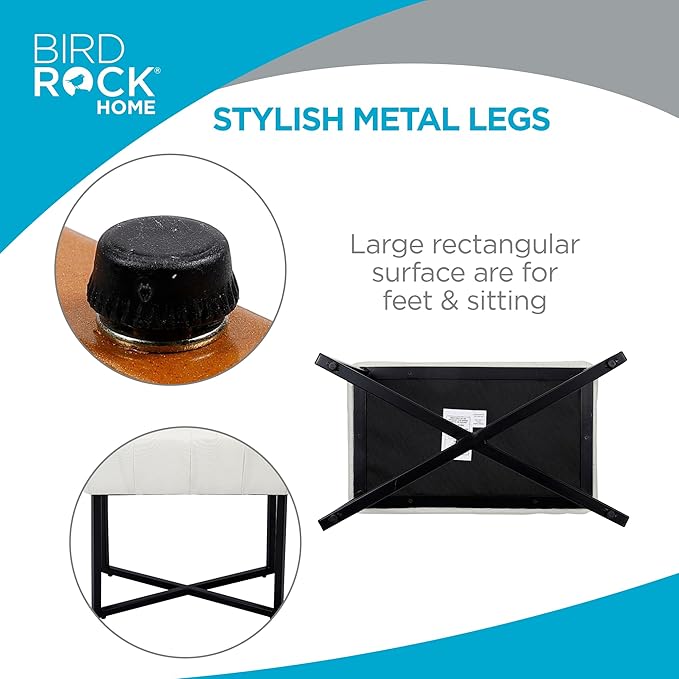 BIRDROCK HOME Rectangular Tufted Foot Stool Ottoman with Soft Padded Cushion - Versatile Vanity Chair for Bedroom, Living Room, Bathroom - Compact Seating for Adults - Cream with Black Metal Legs