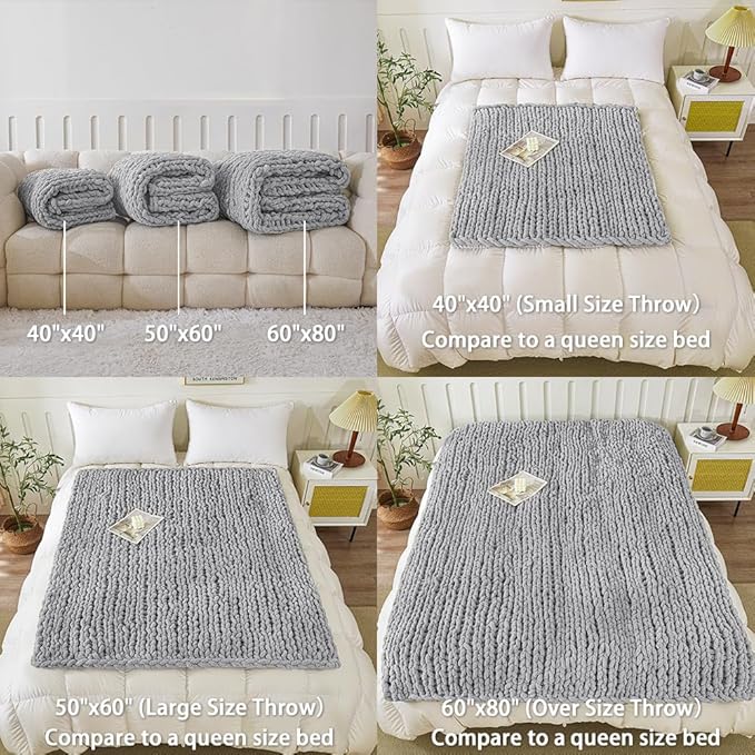 WESHIONGOO Chunky Knit Blanket Throw 50"×60" Knitted Throw Blankets for Couch Bed Fluffy Soft Blanket with Jumbo Chenille Yarn Thick 100% Handmade (Lingt Grey)