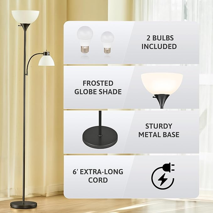 VONLUCE Torchiere Floor Lamp, 71" Standing Lamp with Adjustable Reading Lights & 2 Bulbs, 3 Color Temperatures Modern Tall Pole Lamp for Living Room Bedroom Corner, Black