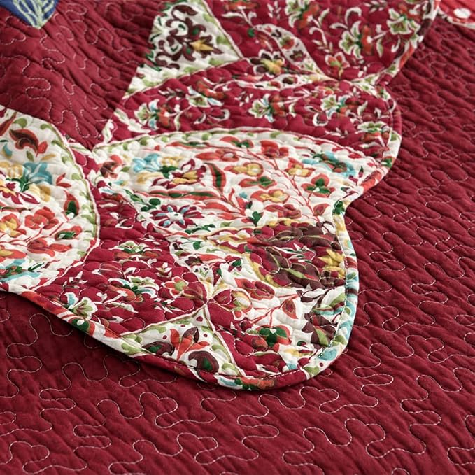 ENASAL Cotton Bedspread Quilt Sets Reversible Bedding Coverlet Sets Comforters Vintage Luxury Damask Floral Real Patchwork Burgundy Bedspread,Queen Size