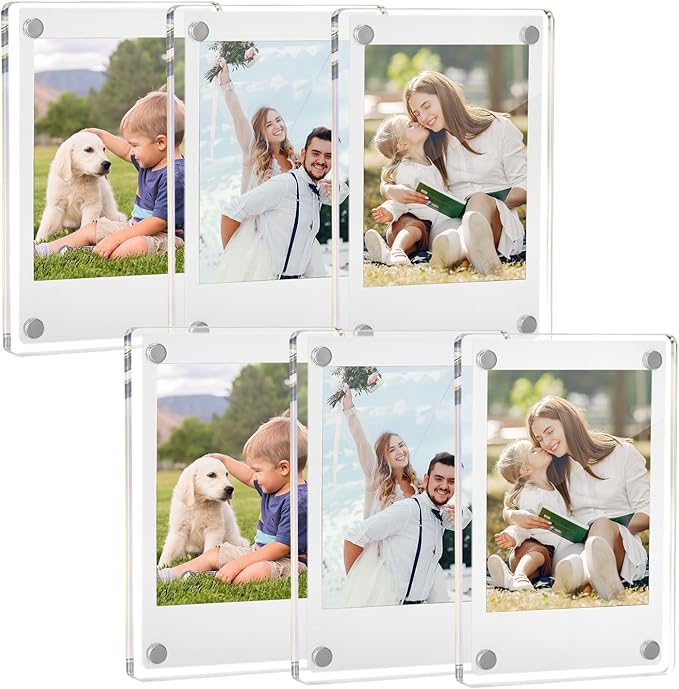 TWING Acrylic Fridge Magnetic Picture Frames 6 Pack, 2.4 x 3.5 In Magnet Photo Frames, Double Sided Photo Refrigerator Magnet Mini Frame for Fujifilm Instax, Polaroid Photos Holder with Cloth