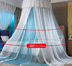 VETHIN Princess Bed Canopy for Girls,Bed Canopy Curtain- Double Layer Sheer Mesh Dome Bed Curtain- Round Lace Princess Mosquito Net Tent with led Stars String Lights(Blue/White)