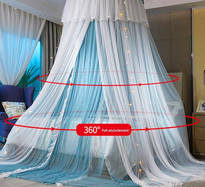 VETHIN Princess Bed Canopy for Girls,Bed Canopy Curtain- Double Layer Sheer Mesh Dome Bed Curtain- Round Lace Princess Mosquito Net Tent with led Stars String Lights(Blue/White)