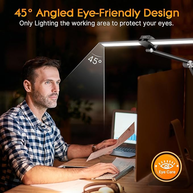 Syrinx LED Desk Lamp with Clamp, Double Head Desk Lamps for Home Office with Gesture Sensor Switch and Touch Control, 24W Eye-Caring Architect Desk Lamp with 25 Light Modes Adjustable Desk Light