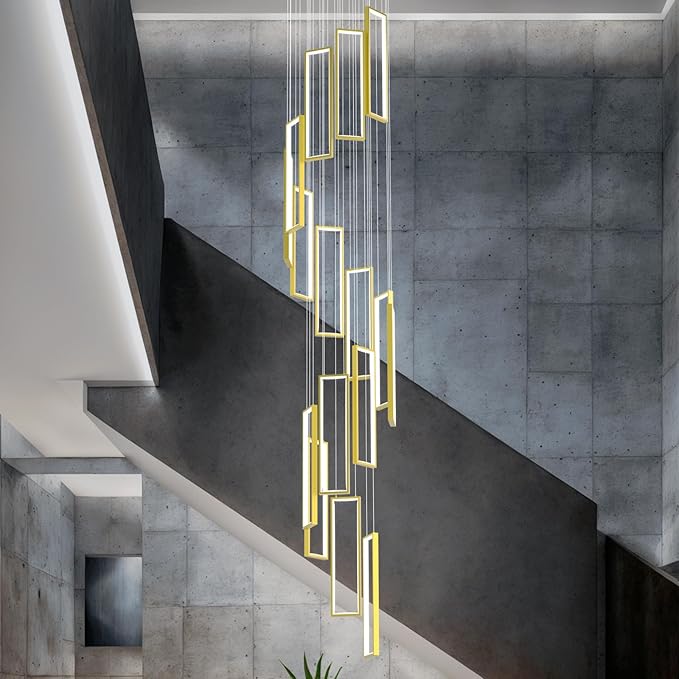 Modern Adjustable Height Pendant Light Fixture Gold 288W LED Pendant Lights 16 Rings Rectangular Chandelier Staircase Large Chandelier Lobby Living Room Foyer High Ceiling Chandeliers