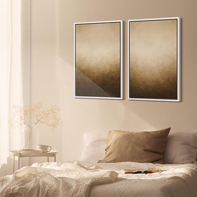 SIGNFORD Framed Canvas Print Wall Art Set Minimalist Gradient Brown Abstract Neutral Illustration Modern Art Decorative Nordic Nature for Living Room, Bedroom, Office - 24"x36"x2 White