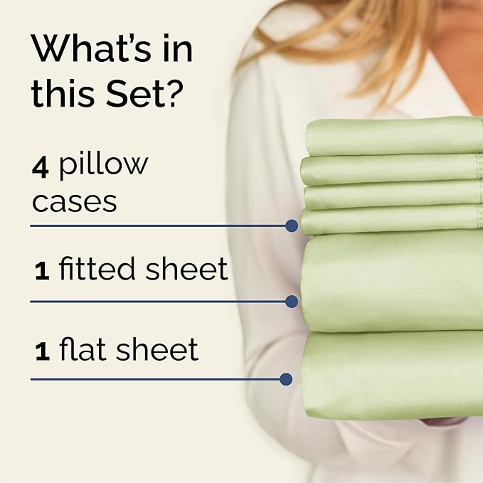 Cal King Sheets Set 6 Piece - Includes 4 Pillowcases - Bed Sheets Cal King - Soft Hotel Luxury Bedding - Cooling, Comfy & Breathable - 1 Flat & 1 Fitted & 4 Pillowcases w/ Deep Pockets - Light Sage