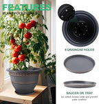 4 Pack 12 Inch Large Plant Pots, Plastic Flower Pot for Indoor & Outdoor with Drainage Holes & Saucer, Plaid Pattern Planters Garden Pots for Herbs Bronze