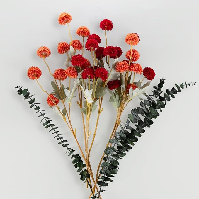 6 Artificial Silk Flowers + 3 Eucalyptus, Artificial Chrysanthemums with Stems for Home Decor, Burnt Orange and Red Mix