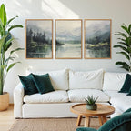 Aurlan Emerald Green Mountain Lake Landscape Framed Wall Art(16"x24"), 3PCS Abstract Forest Nature Canvas Artwork, Large Minimalist Watercolor Modern Pine Trees Scenery Decor for Office Home