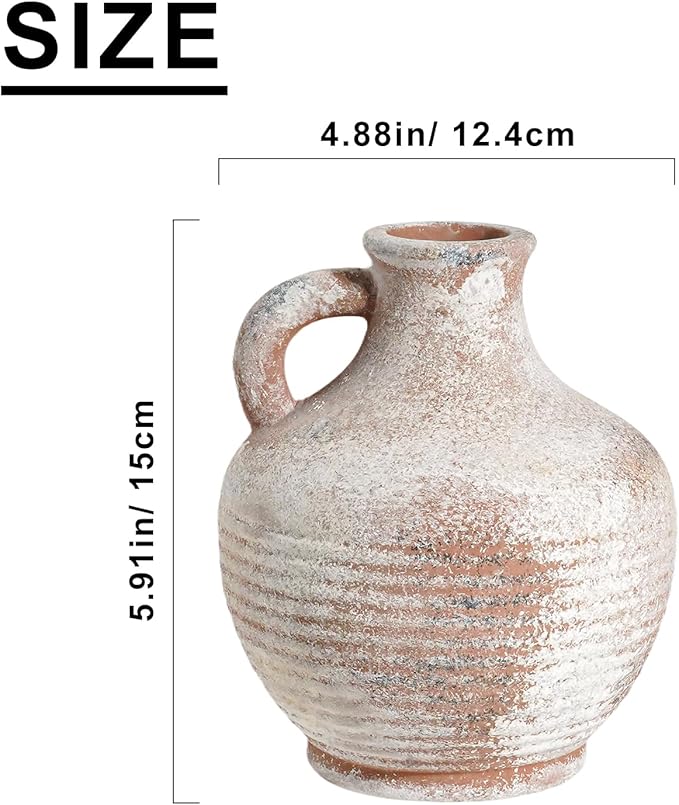 Sunddo 6 inch Rustic Ceramic Flowers Vase, Terracotta Pottery Small Vase with Handle, Farmhouse Decor,Table, Living Room, Bathroom, Shelf, Mantel Decor Brown