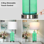 26.5" Coastal Green Glass Table Lamps Set of 2, 3-Way Dimmable Touch Control Bedside Lamps with USB Ports and AC Outlet, Teal Nightstand Lamps for Bedroom Living Room