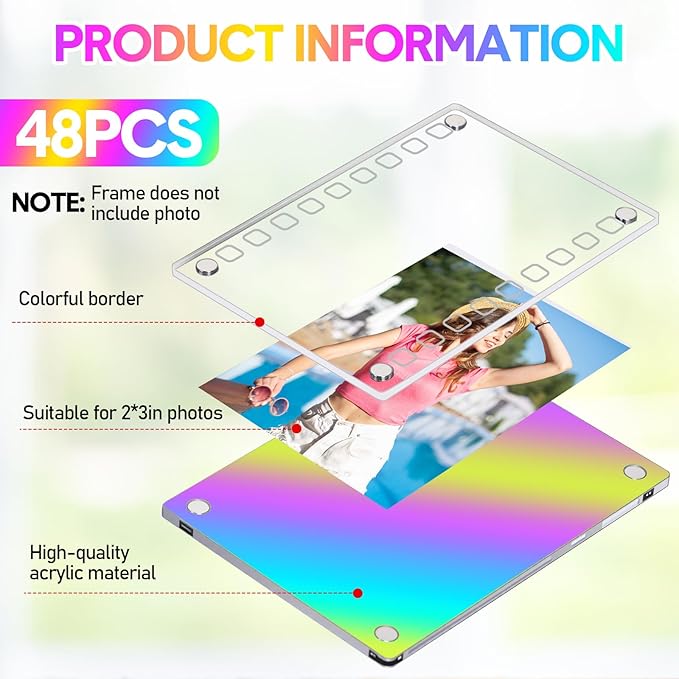 48 Pcs Laser Mini Film Photo Frames 2x3 Inch Acrylic Fridge Magnetic Frame Bulk, Magnetic Picture Frames for Refrigerator Photo Postcard Office Home Decor
