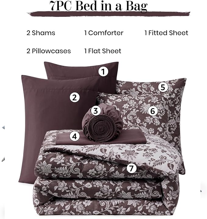 King Comforter Set -7 Pieces Floral Dark Purple Comforter Set for All Seasons, Bed in a Bag King with Botanical Flowers Comforter, Sheets, Pillowcases & Shams