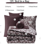 King Comforter Set -7 Pieces Floral Dark Purple Comforter Set for All Seasons, Bed in a Bag King with Botanical Flowers Comforter, Sheets, Pillowcases & Shams