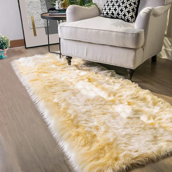 Latepis Yellow Rug for Bedroom Runner 2x5 Washable Faux Sheepskin Fur Rug Fluffy Shag Rugs for Chair Cushions Luxury Room Décor, Runner
