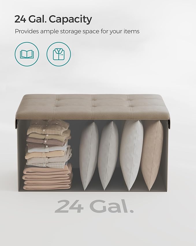 SONGMICS Mazie Collection - 30 Inches Folding Storage Ottoman Bench, Ottoman with Storage, Foot Rest Stool, Load 660 lb, for Living Room, Synthetic Leather, Camel Brown ULSF040R01