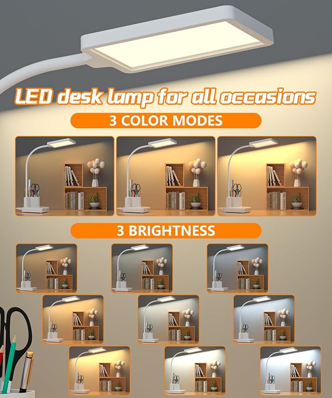 Desk Lamp, LED Desk Lamps for Home Office with 2 USB Charging Port/Outlet/Organizer,Desk Lamp for College Dorm Eye-Caring Study Light,Gooseneck Table Lamp with Pen Holders/Storage,9 Lighting Modes
