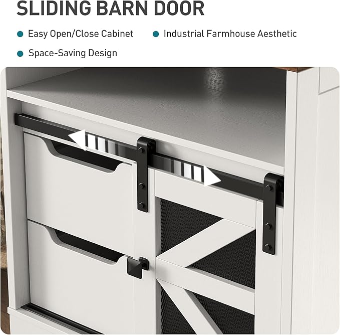 Farmhouse End Table with Charging Station, Sofa Side Table with 2 Drawers and Barn Door, Rustic Wooden Nightstand Bedside Table for Bedroom, Living Room,White and Walnut