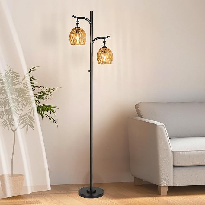 9MMML Rattan Floor Lamp for Living Room, Boho Floor Lamp with 2 Hanging Rattan Lamp Shade, 67'' Farmhouse Dimmable Black Standing Lamp with Rotary Switch for Bedroom, 2 x 800LM LED Bulbs Included