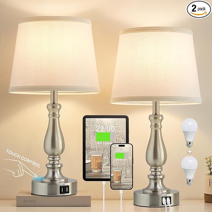 Table Lamps for Bedrooms Set of 2 - Touch Bedside Lamps with USB C+A Ports, 3 Way Dimmable White Nightstand Lamps for End Tables, Farmhouse Night Stand Lamps for Living Room Bed Side Guest Room