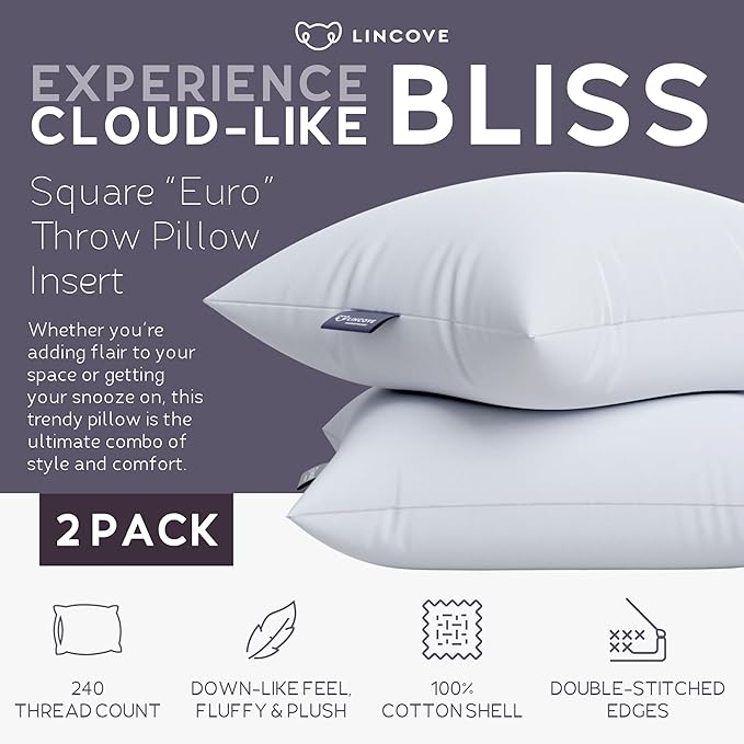 Lincove Euro Throw Pillow Insert Square 24"x24" Pillow – Made in Canada, 100% Cotton Shell, Down Alternative Filling, Vegan-Friendly, Hypoallergenic - Decorative Couch Pillows, 2 Pack