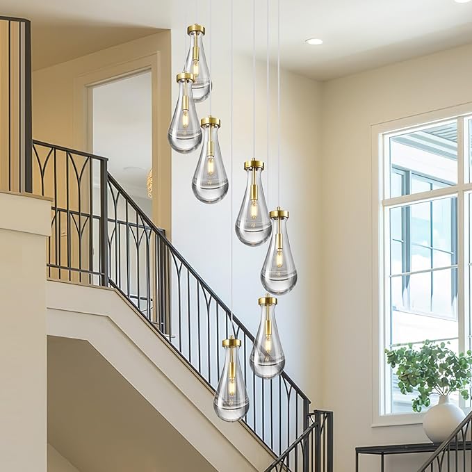 Raindrop Pendant Lights Kitchen Island Teardrop Gold Hanging Light Fixtures Clear Solid Glass Pendant Light Modern Chandeliers for Dining Room Porch Corridor Living Room(7-Light)