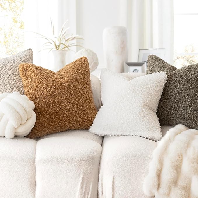 Foindtower Set of 2 Curly Teddy Wool Pillow Covers Decorative Boucle Textured Lumbar Throw Pillow Faux Fur Pillowcases Sheepskin Cushion Case for Sofa Bedroom Car 12"x20" Sage Green