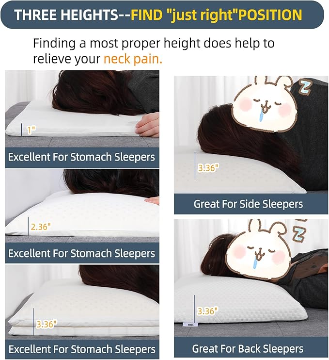 SUQ I OME Adjustable Slim Sleeper -Thin Flat Latex Pillow for Sleeping with 2 Removable Layers 3 Heights(1'', 2.5'', 3.5''), for Stomach, Side and Back Sleepers,Cube White