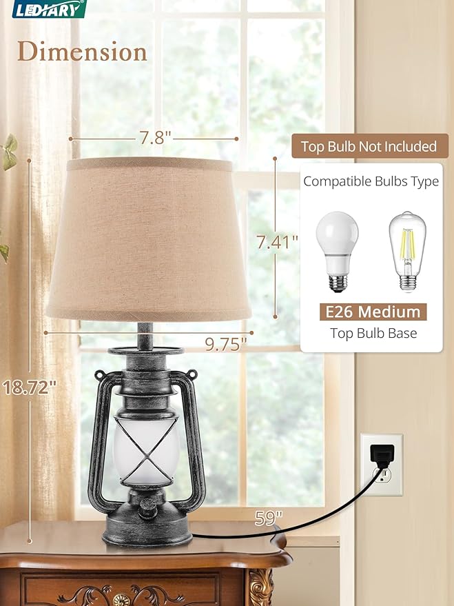 LEDIARY 18.72" Sliver LED Lantern Flickering Flame Table Lamps for Bedrooms Set of 2, Small Farmhouse Rustic End Table Lamps, Halloween Decorative Lantern Bedside Lamps for Living Room
