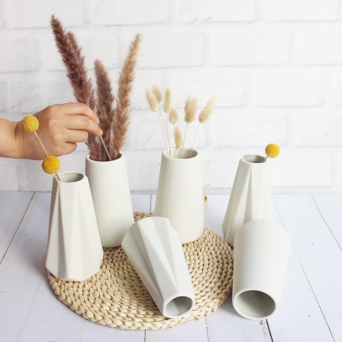 YANLING 6 Pack White Ceramic Vases for Home Decor, 6 Inch Modern Centerpieces for Pampas Grass, Table, Boho Flowers Decor