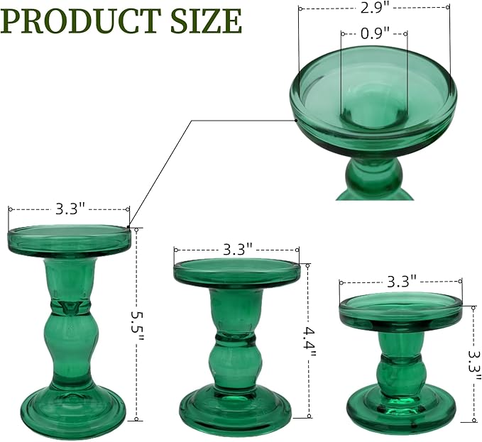 Green Glass Candle Holders Set of 3 Clear Candlestick Holders Vintage Candle Stands for Pillar Taper Candle Tealight Home Decor Table Centerpieces Christmas, Candleholder Sets with 4 Pcs Taper Candles