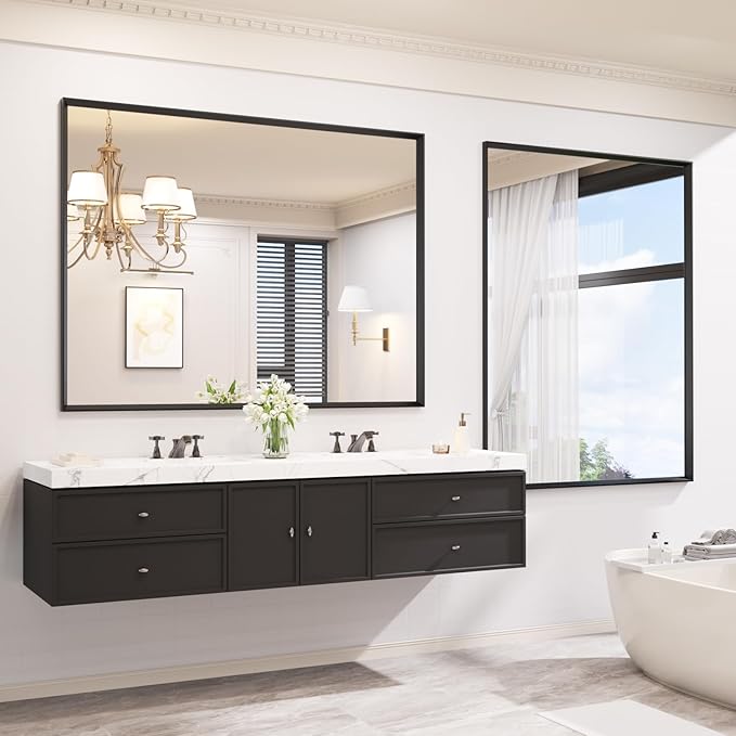 Bathroom Vanity Mirror 48x36 Inch, Matte Black Rectangle Bathroom Mirror, Anti-Rust, 4MM Tempered Glass, Wall-Mounted Mirror, Hangs Horizontally or Vertically for Bathroom & Bedroom