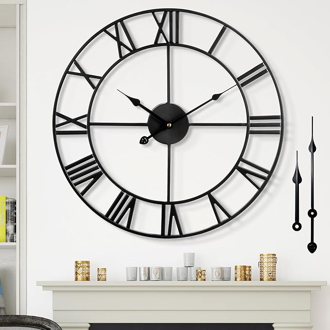 1st owned Large Wall Clock Silent Non-Ticking Roman Numerals Vintage Battery Operated (24 inch,18inch,16inch) Farmhouse Wall Clock for Living Room, Bedroom, Kitchen, Cafe Decor-Black 47CM