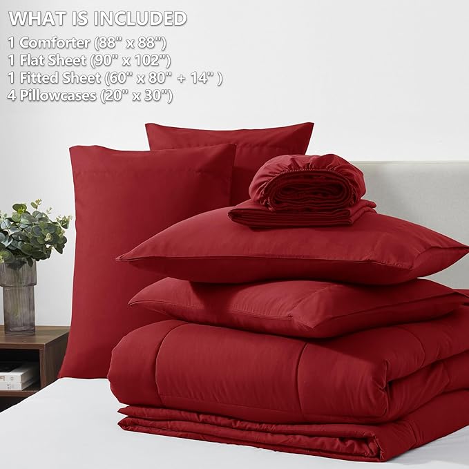 CozyLux Queen Comforter Set Dark Red, 7 Pieces Bed in a Bag, Red Comforter Queen Size, All Season Bedding Sets with Stitch Quilted Comforter, Flat Sheet, Fitted Sheet, Pillowcases