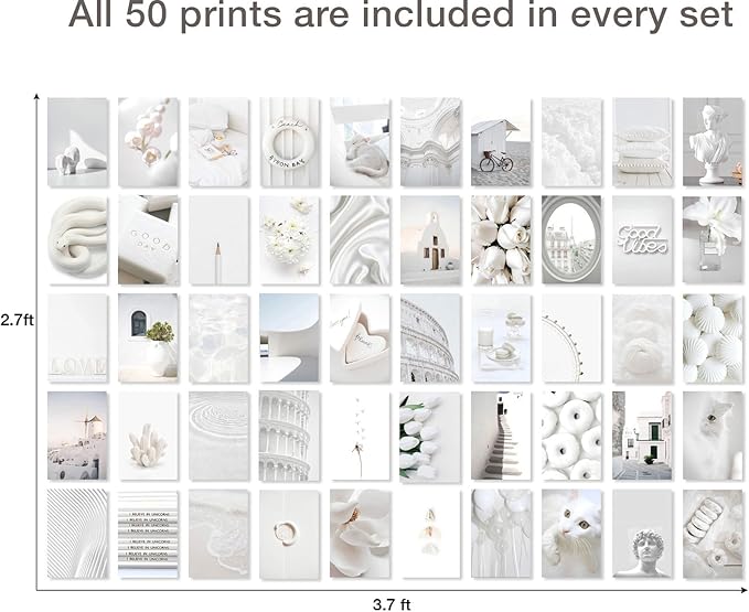 Y2K BOO Elegant White Wall Collage Kit - 50pcs Aesthetic Posters for Room Decor, Perfect Dorm and Bedroom Wall Art, Minimalist and Elegant White Collage Kit for Teen Girls