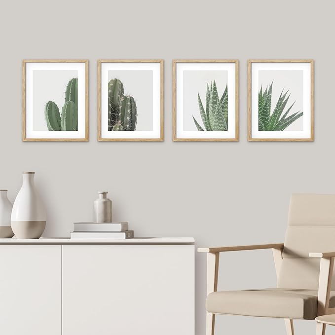 SIGNWIN Framed Green Cactus Snake Plant Wall Art, Set of 4 Collage Desert Landscape Wall Decor Prints, Nature Wilderness Wall Décor for Living Room, Bedroom - 8"x10" Natural