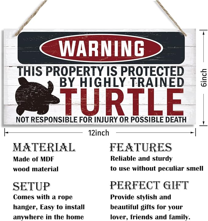 Funny Warning Signs, The Property is Protected By Highly Trained Turtle Sign, Decorative Wood Hanging Wood Plaque, House Door Sign, Farmhouse Wall Decor for Home Office, Indoor/Outdoor Use