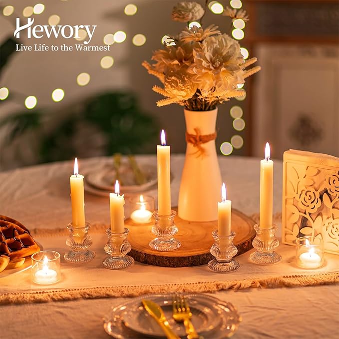 Hewory Glass Taper Candle Holders: 10PCS Clear Candle Holder Candlestick Holders, Crystal Ribbed Candle Sticks Holder Decor for Table Centerpiece Wedding Advent Wreath Christmas Thanksgiving Dinner